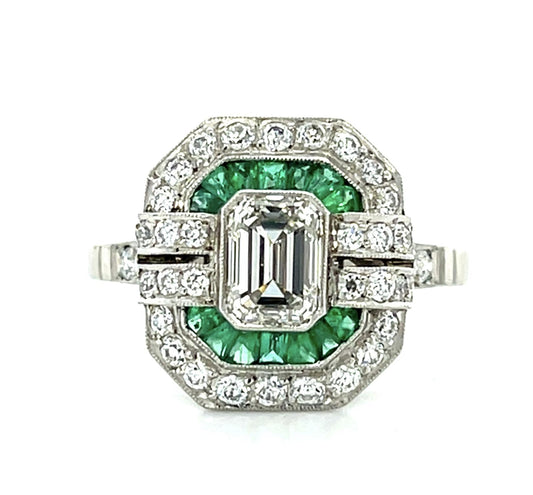 1ct (I VS1) Emerald-cut Diamond Platinum Handmade Ring .40ct French-cut Emerald