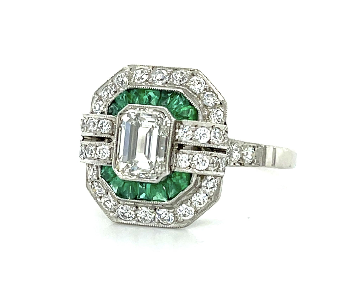 1ct (I VS1) Emerald-cut Diamond Platinum Handmade Ring .40ct French-cut Emerald
