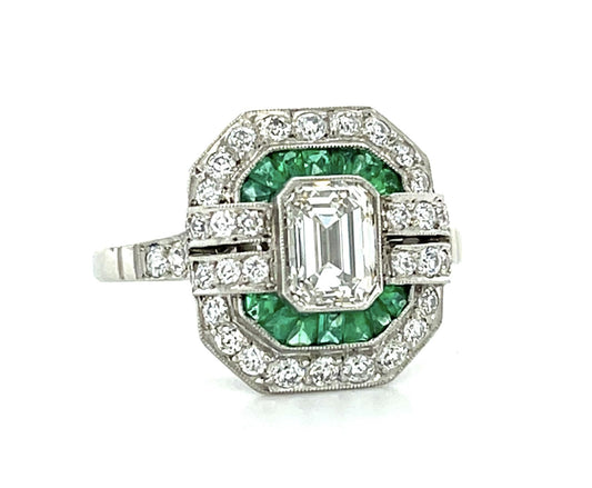 1ct (I VS1) Emerald-cut Diamond Platinum Handmade Ring .40ct French-cut Emerald