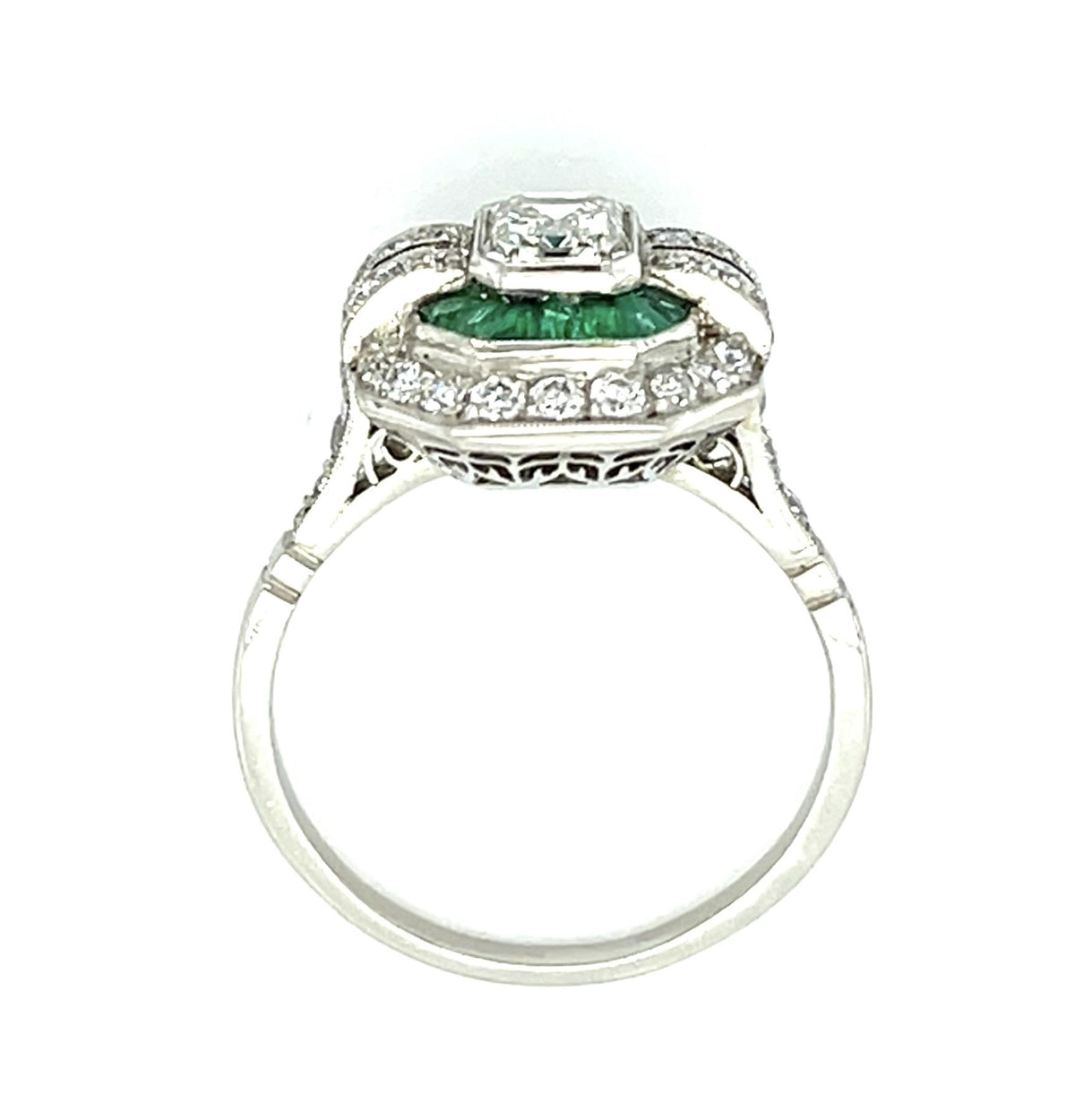 1ct (I VS1) Emerald-cut Diamond Platinum Handmade Ring .40ct French-cut Emerald