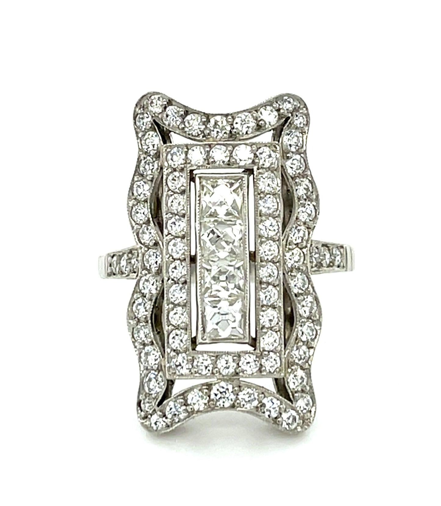 .88ct Emerald-cut Diamond Platinum Handmade Ring 1.12ct Euro Dia 6.70g