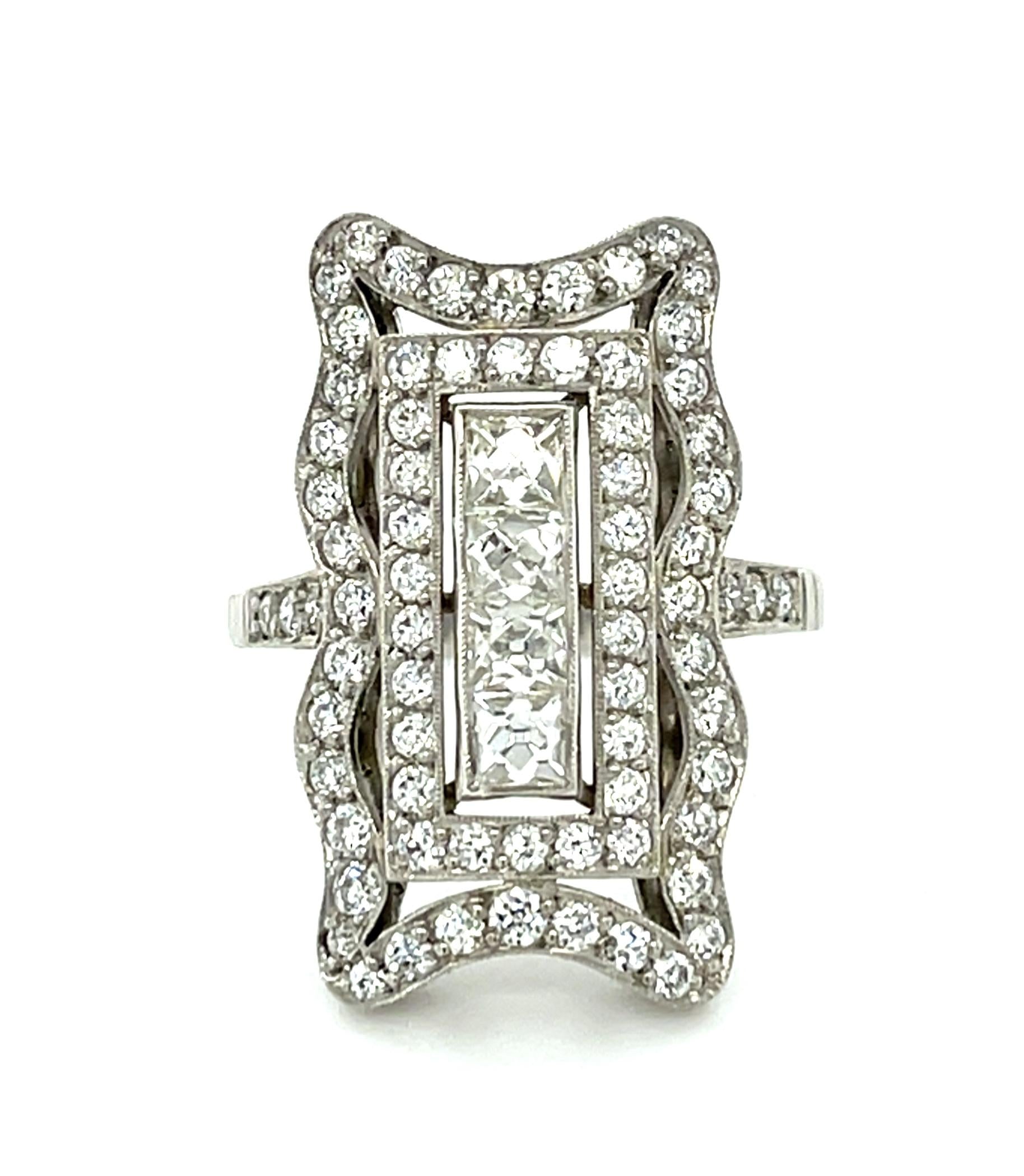 .88ct Emerald-cut Diamond Platinum Handmade Ring 1.12ct Euro Dia 6.70g