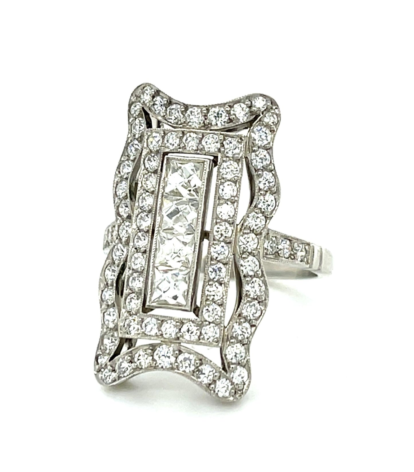 .88ct Emerald-cut Diamond Platinum Handmade Ring 1.12ct Euro Dia 6.70g