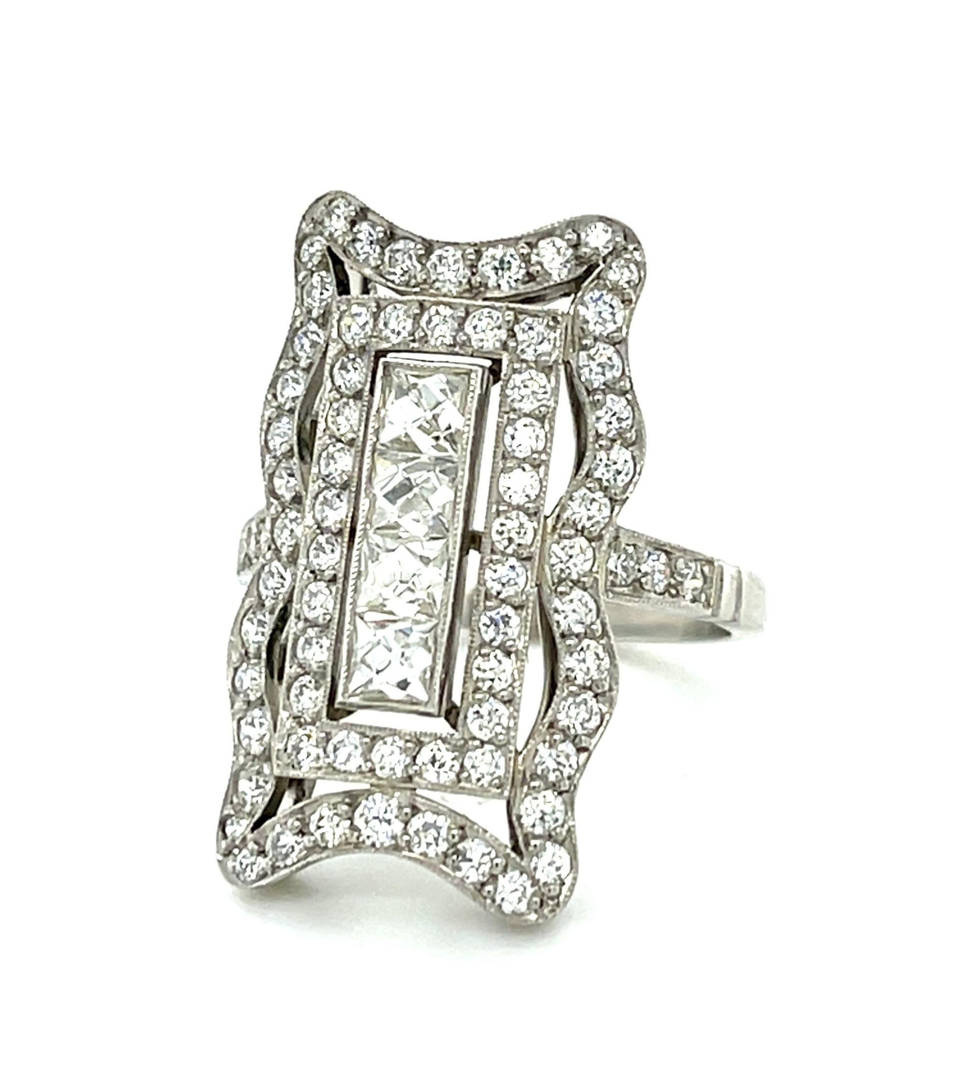 .88ct Emerald-cut Diamond Platinum Handmade Ring 1.12ct Euro Dia 6.70g