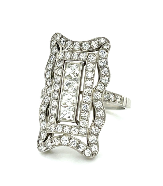 .88ct Emerald-cut Diamond Platinum Handmade Ring 1.12ct Euro Dia 6.70g