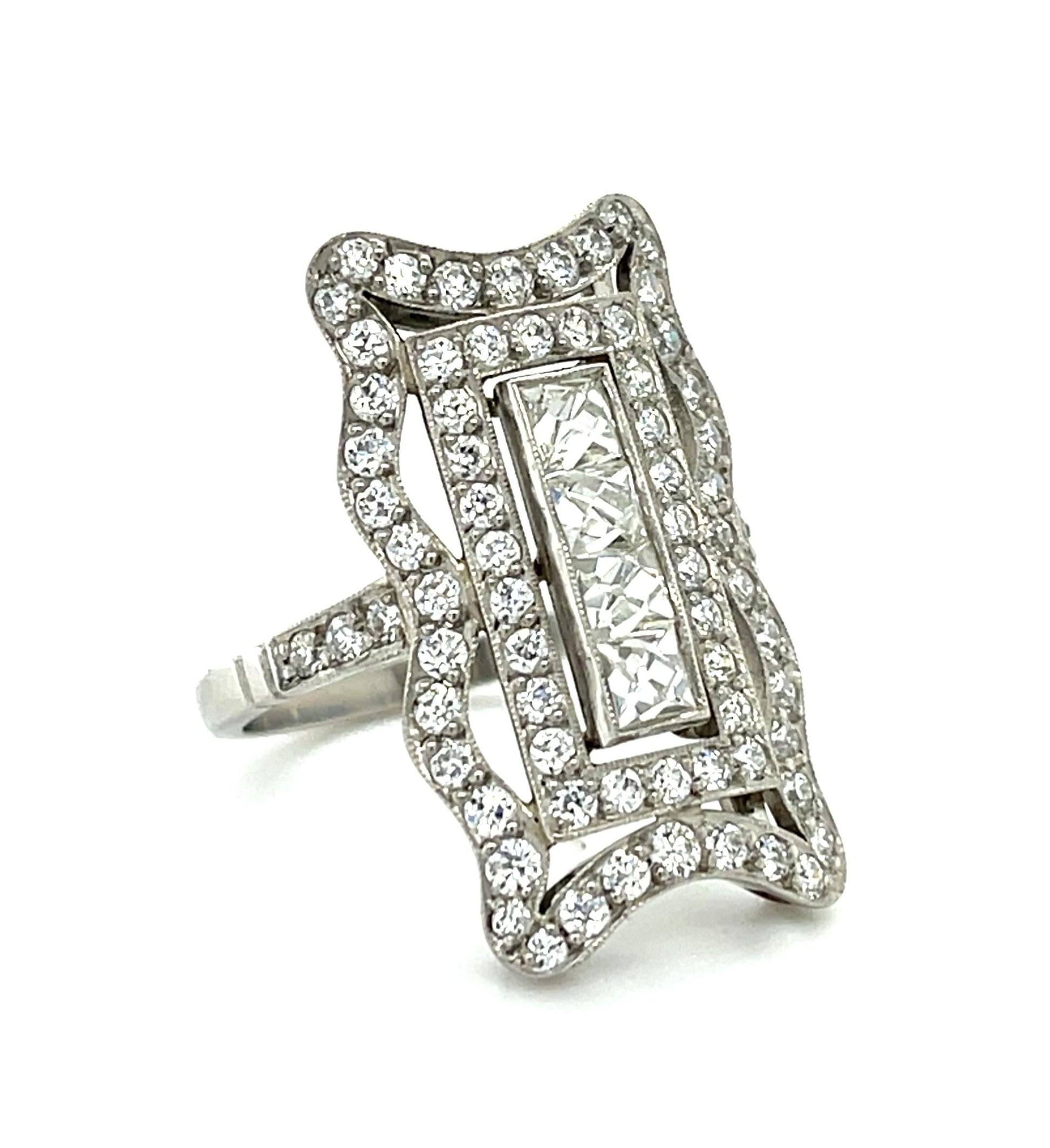 .88ct Emerald-cut Diamond Platinum Handmade Ring 1.12ct Euro Dia 6.70g