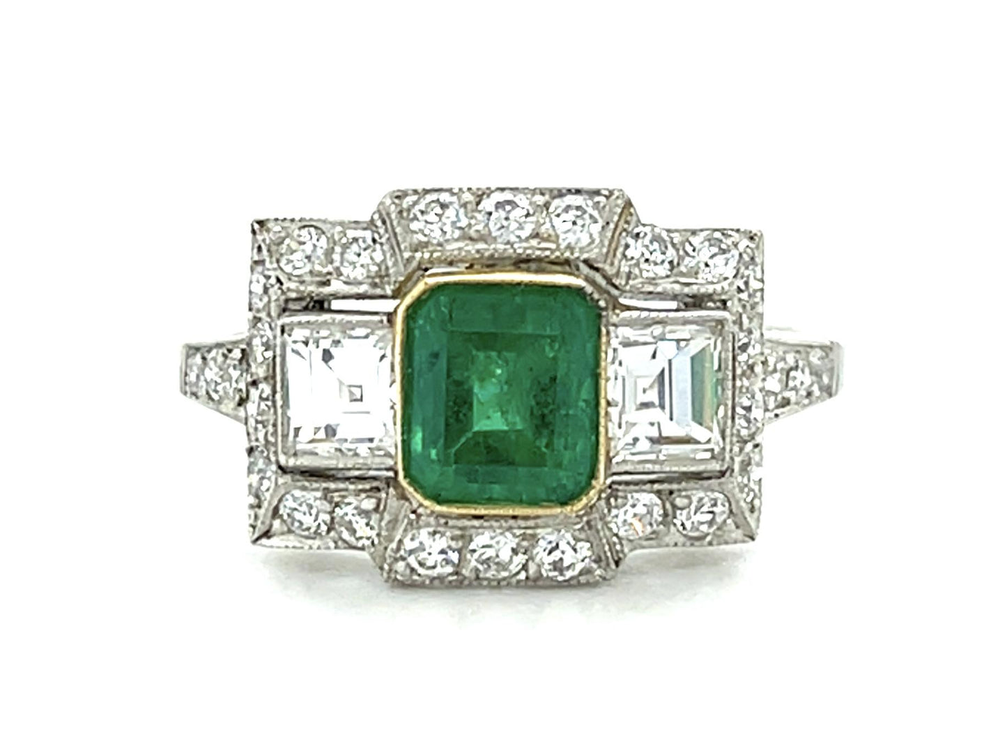 1.20ct Emerald .80ct (Two French-cut Diamonds) Platinum Handmade Ring