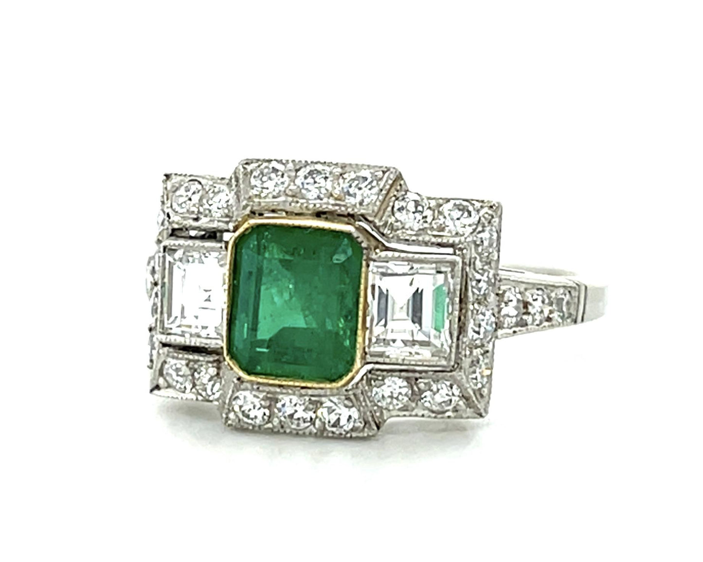 1.20ct Emerald .80ct (Two French-cut Diamonds) Platinum Handmade Ring