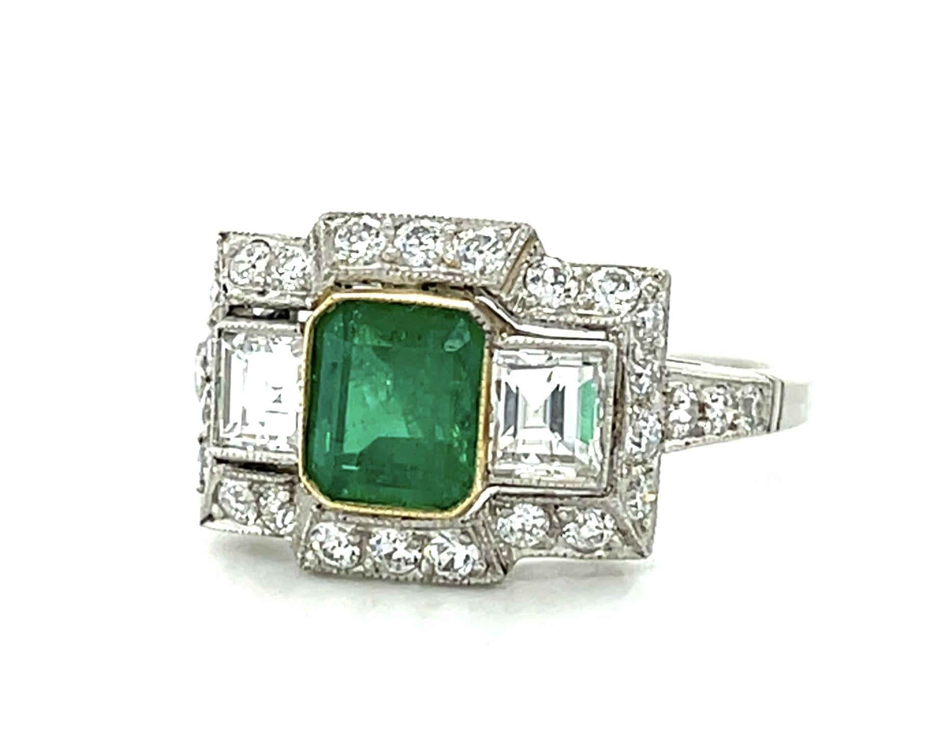 1.20ct Emerald .80ct (Two French-cut Diamonds) Platinum Handmade Ring