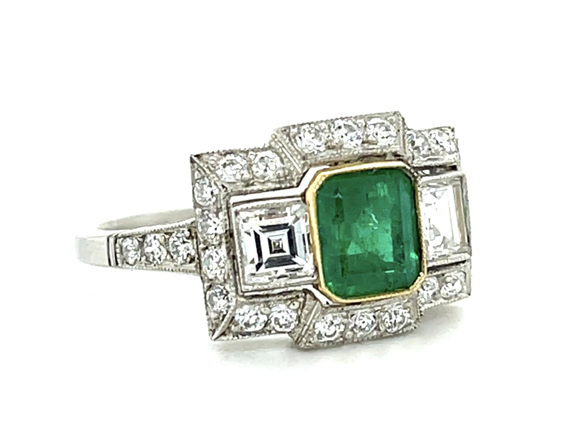1.20ct Emerald .80ct (Two French-cut Diamonds) Platinum Handmade Ring