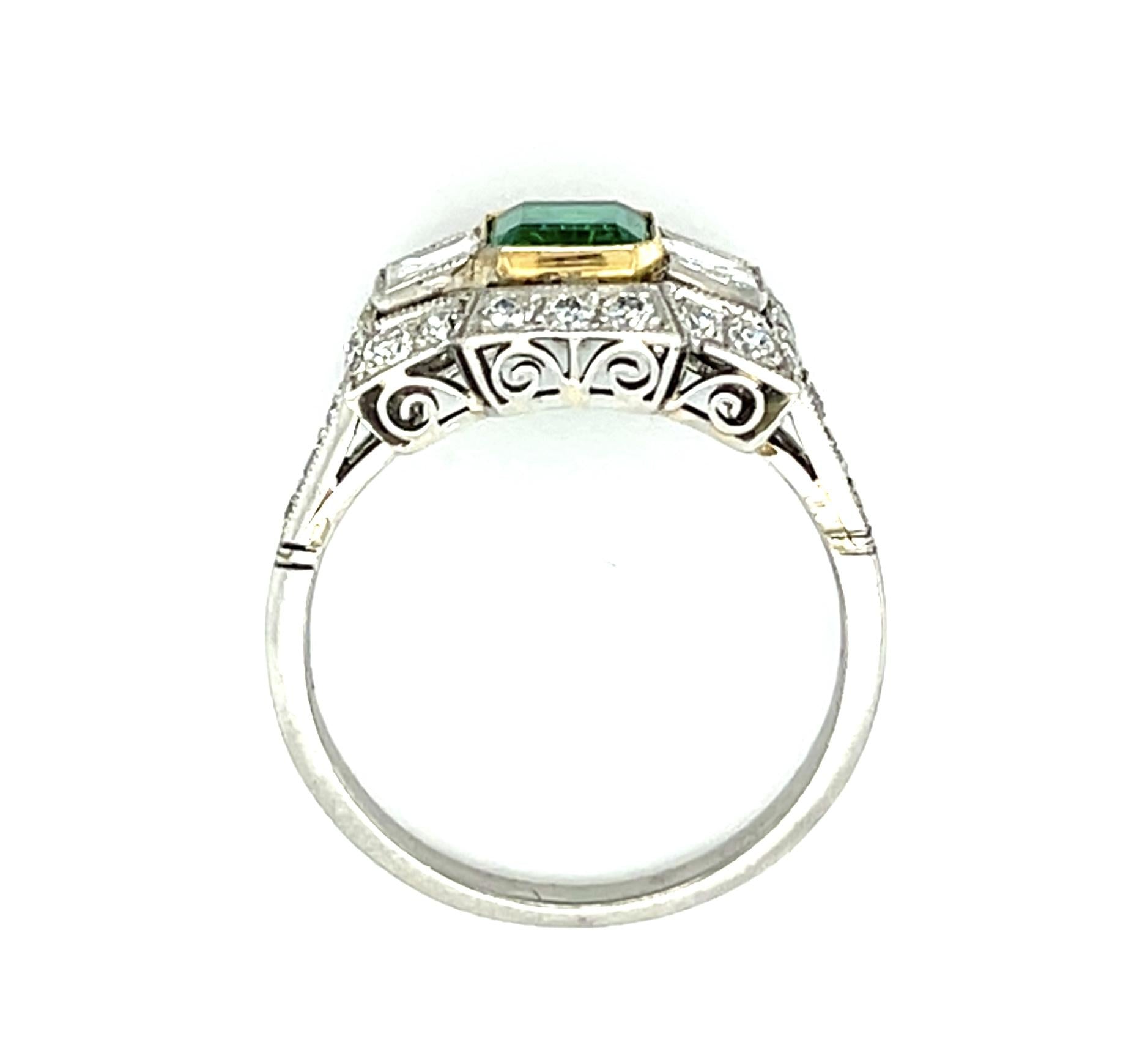 1.20ct Emerald .80ct (Two French-cut Diamonds) Platinum Handmade Ring