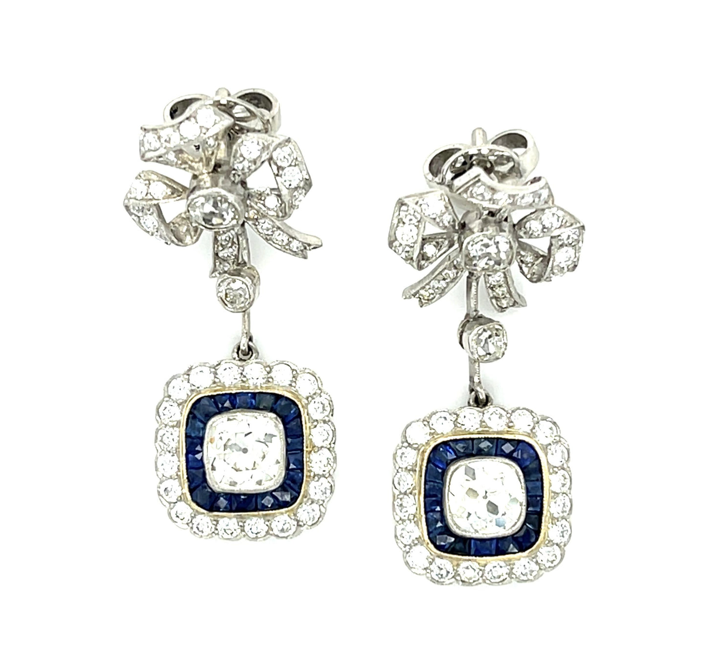 1ct Euro Diamond Centers 1.50ct French-cut Sapphires Platinum Handmade Earrings
