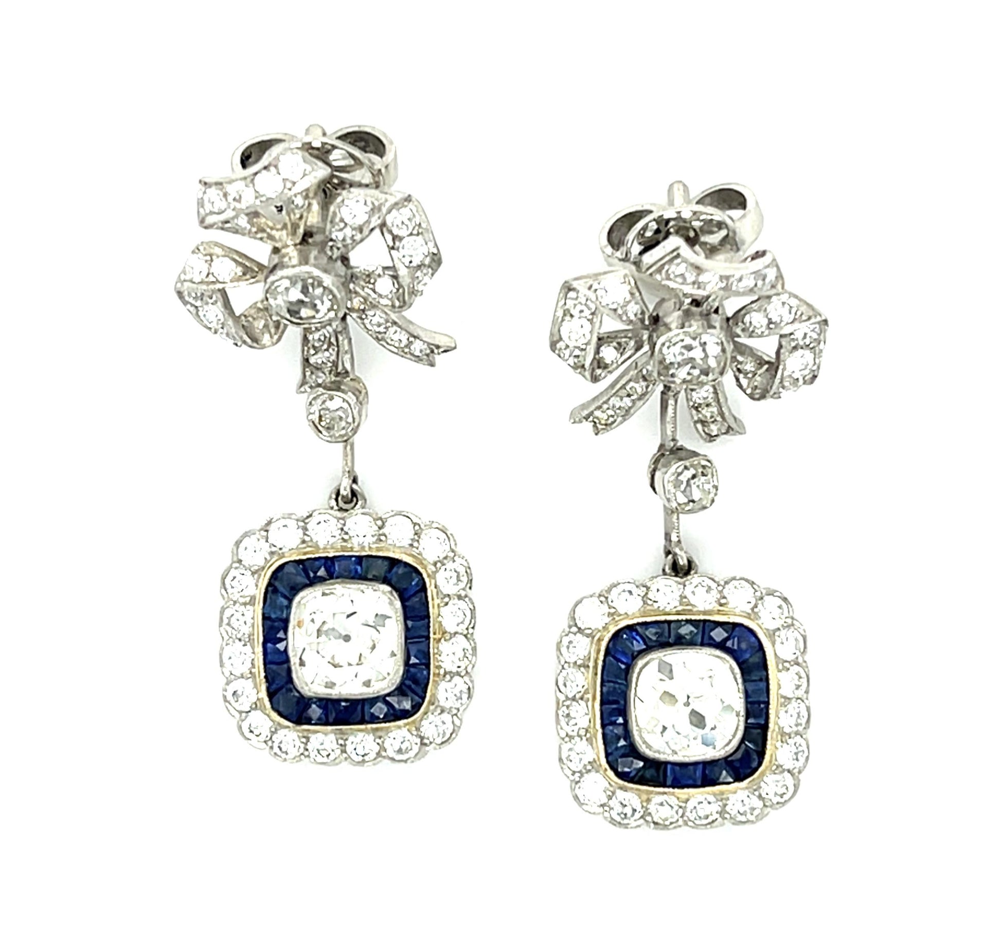1ct Euro Diamond Centers 1.50ct French-cut Sapphires Platinum Handmade Earrings