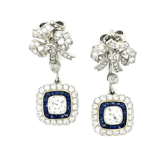 1ct Euro Diamond Centers 1.50ct French-cut Sapphires Platinum Handmade Earrings
