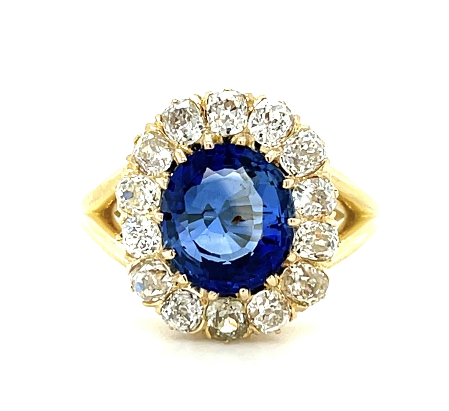 Victorian 2.88ct Cushion Sapphire 14KY Gold Ring (Antique 1890s) 1.40ct Dia