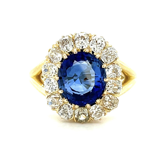 Victorian 2.88ct Cushion Sapphire 14KY Gold Ring (Antique 1890s) 1.40ct Dia