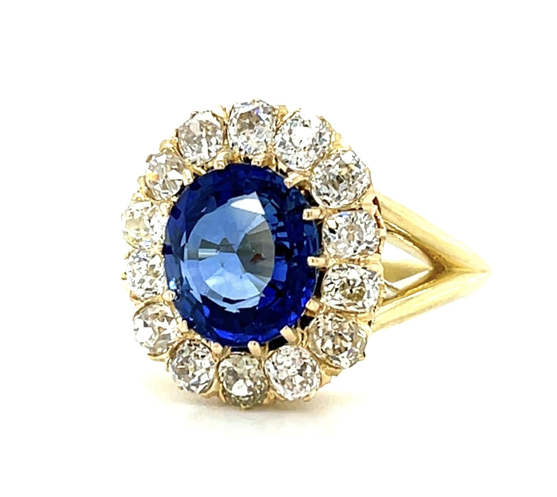 Victorian 2.88ct Cushion Sapphire 14KY Gold Ring (Antique 1890s) 1.40ct Dia