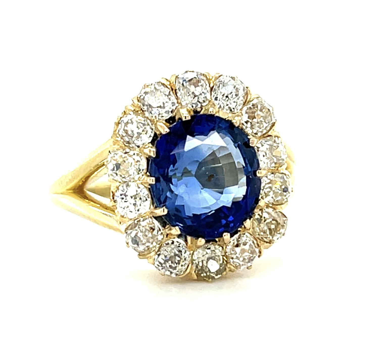 Victorian 2.88ct Cushion Sapphire 14KY Gold Ring (Antique 1890s) 1.40ct Dia