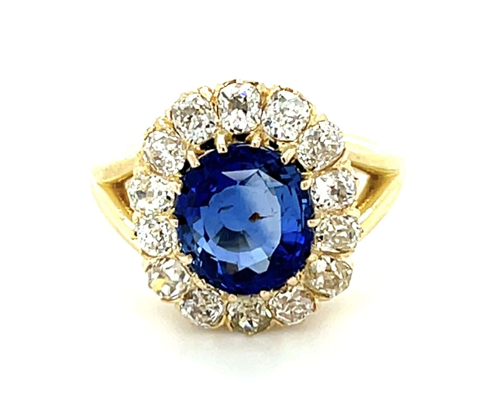 Victorian 2.88ct Cushion Sapphire 14KY Gold Ring (Antique 1890s) 1.40ct Dia