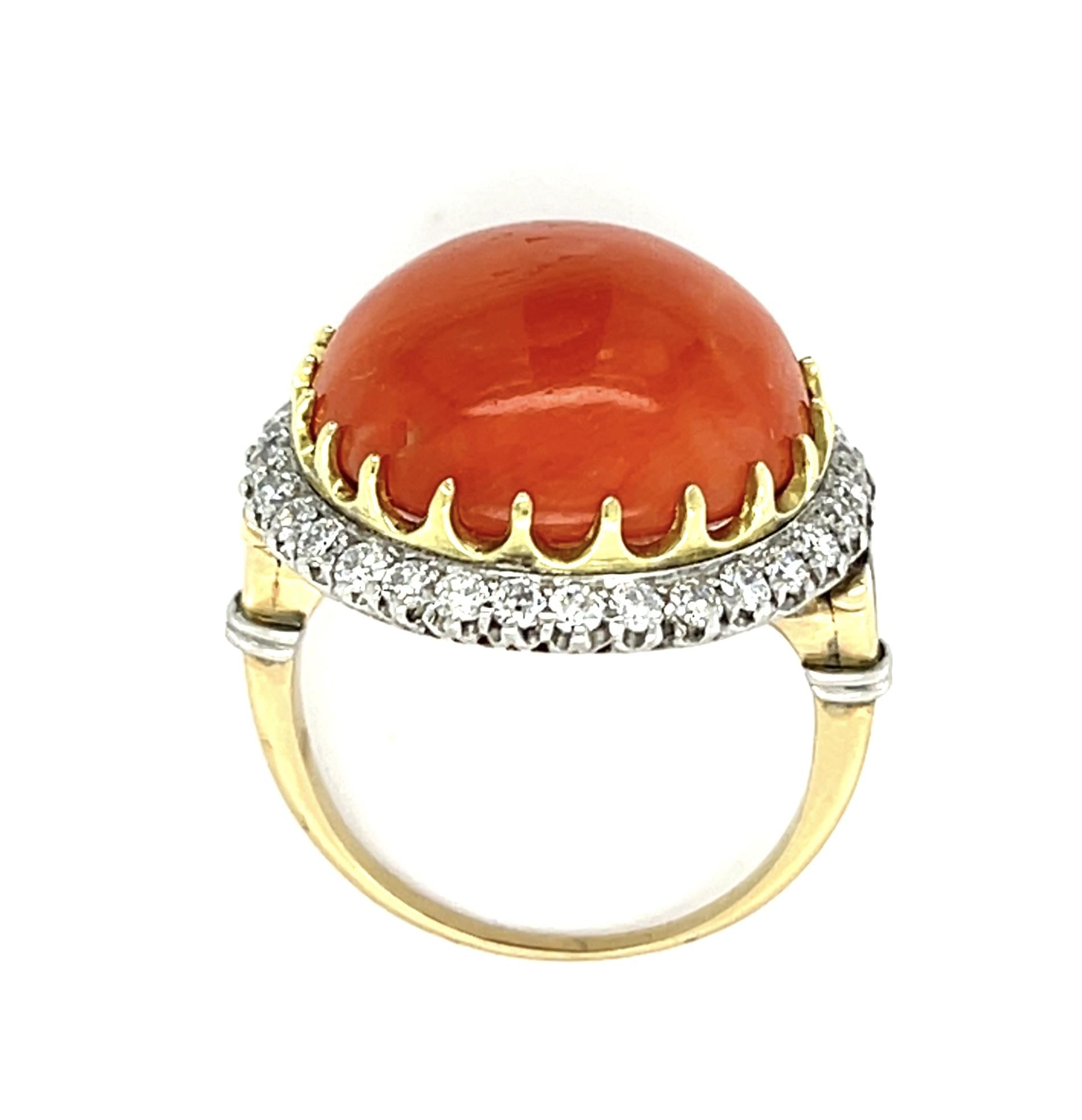 10ct Coral 18KY Gold + Platinum Handmade Ring .90ct Euro Diamond