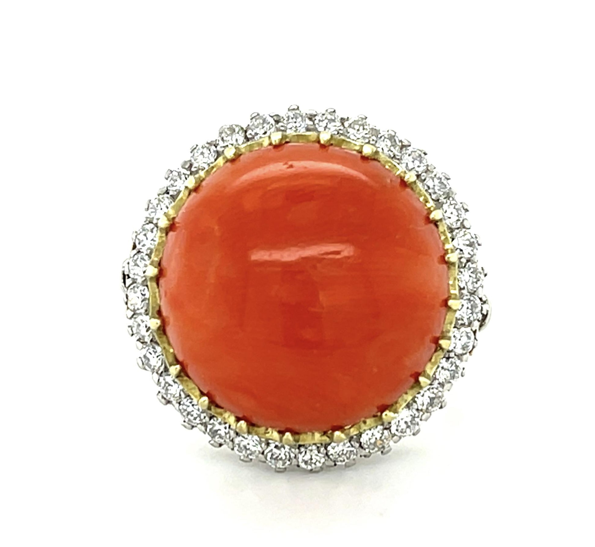 10ct Coral 18KY Gold + Platinum Handmade Ring .90ct Euro Diamond