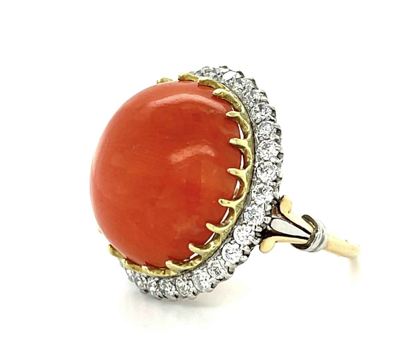 10ct Coral 18KY Gold + Platinum Handmade Ring .90ct Euro Diamond