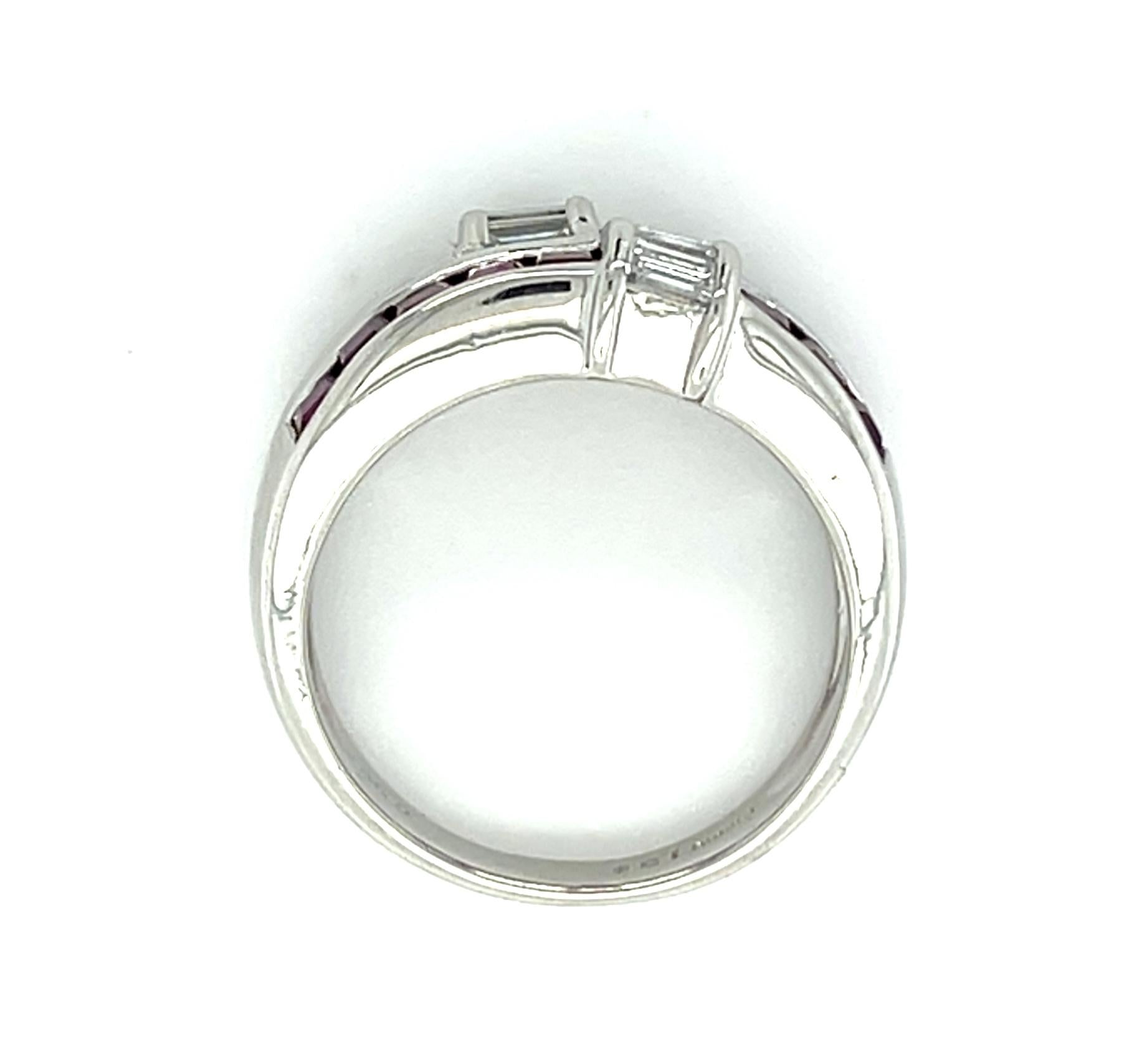 .39ct Emerald-cut Diamond 1.54ct Ruby Platinum Ring 9.60g