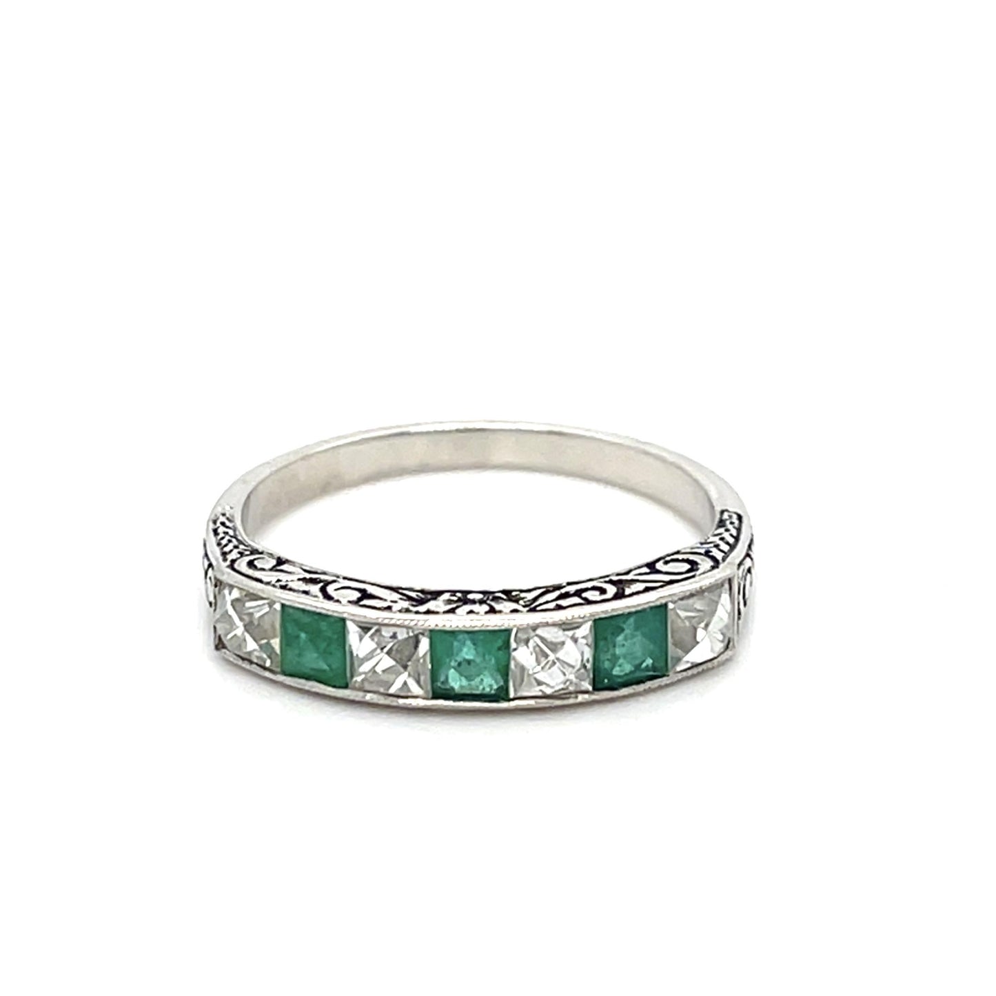 PT Handmade Ring .90ct Four Dia French Cuts .74ct Emerald