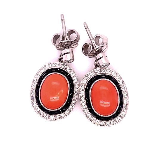 Handmade Coral & Onyx .70ct Diamond Earrings
