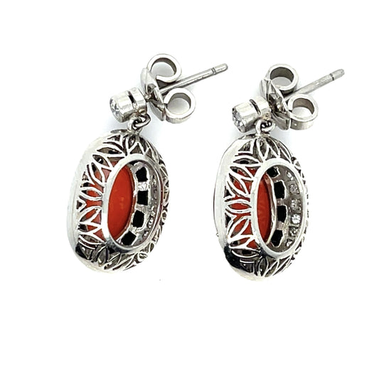 Handmade Coral & Onyx .70ct Diamond Earrings