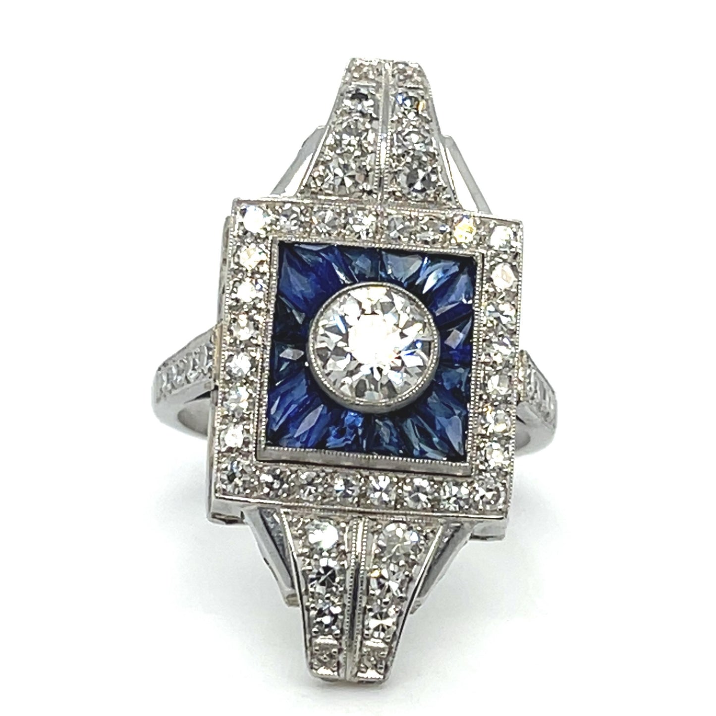 .64ct Old Euro Center 1.50ct Sapphire 1.20ct SD PT Ring