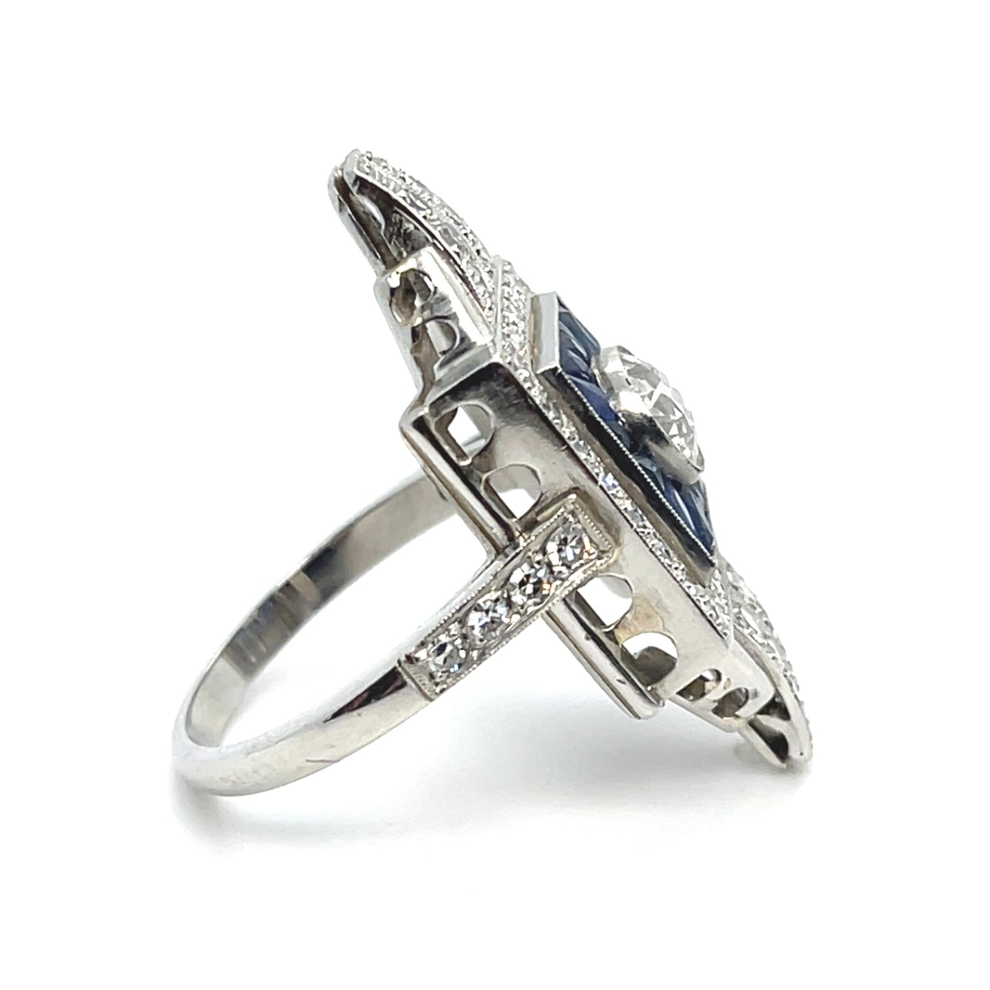 .64ct Old Euro Center 1.50ct Sapphire 1.20ct SD PT Ring