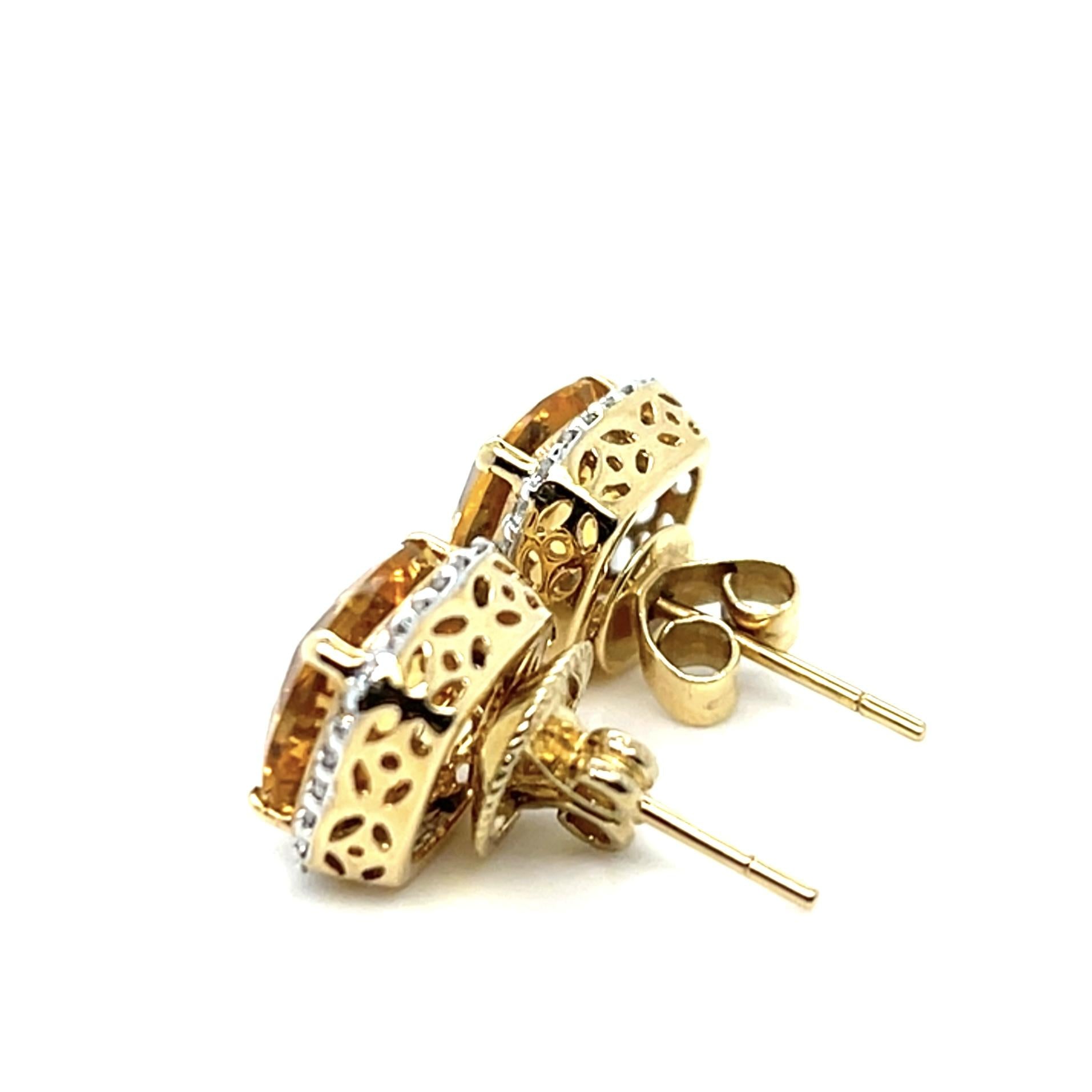 5ct Citrine .18ct Diamond 14KY Earrings