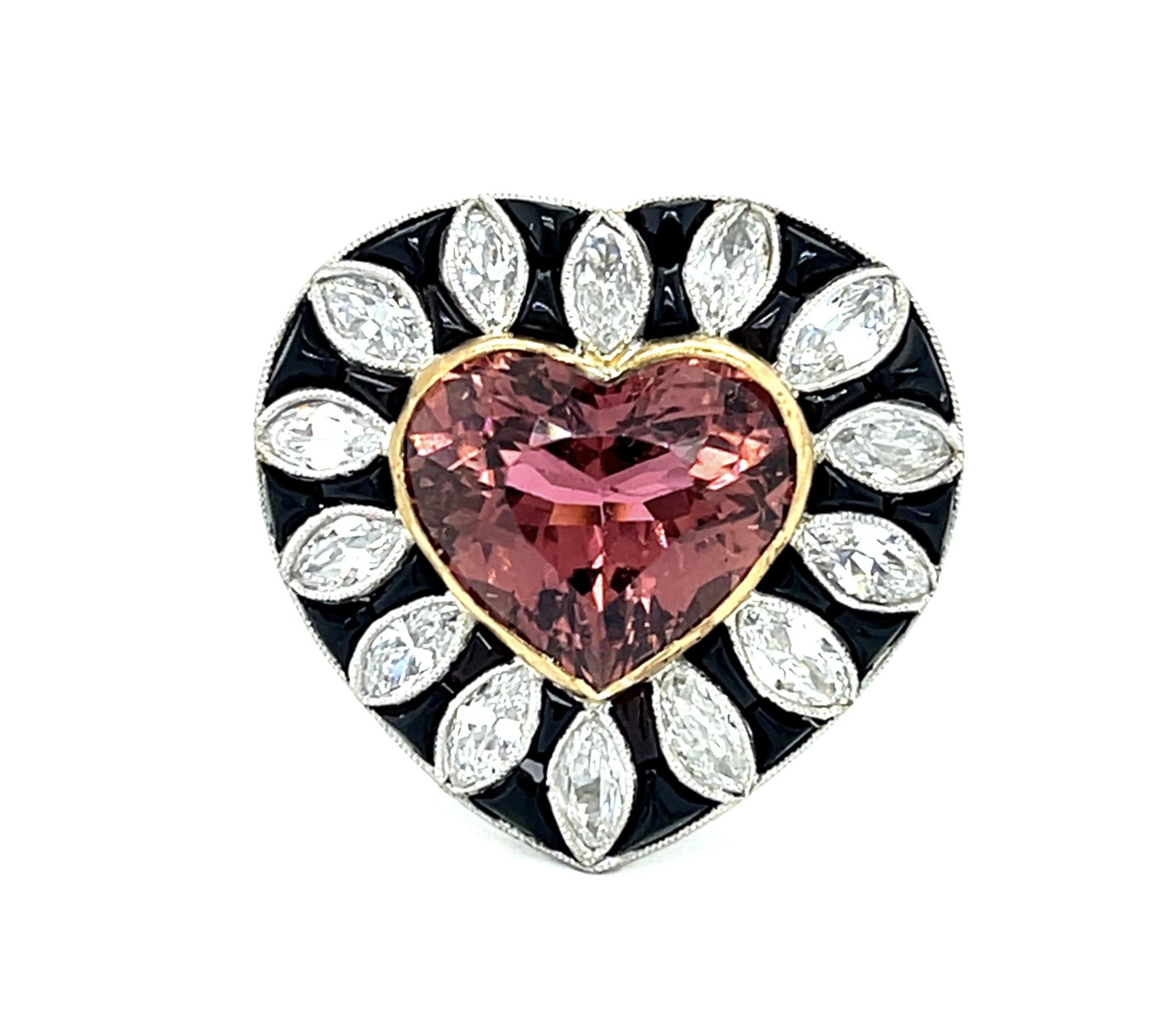5.92ct Pink Heart Tourmaline Platinum Handmade Ring 1.29ct Marquise Diamond