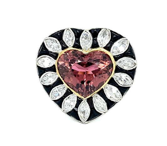 5.92ct Pink Heart Tourmaline Platinum Handmade Ring 1.29ct Marquise Diamond