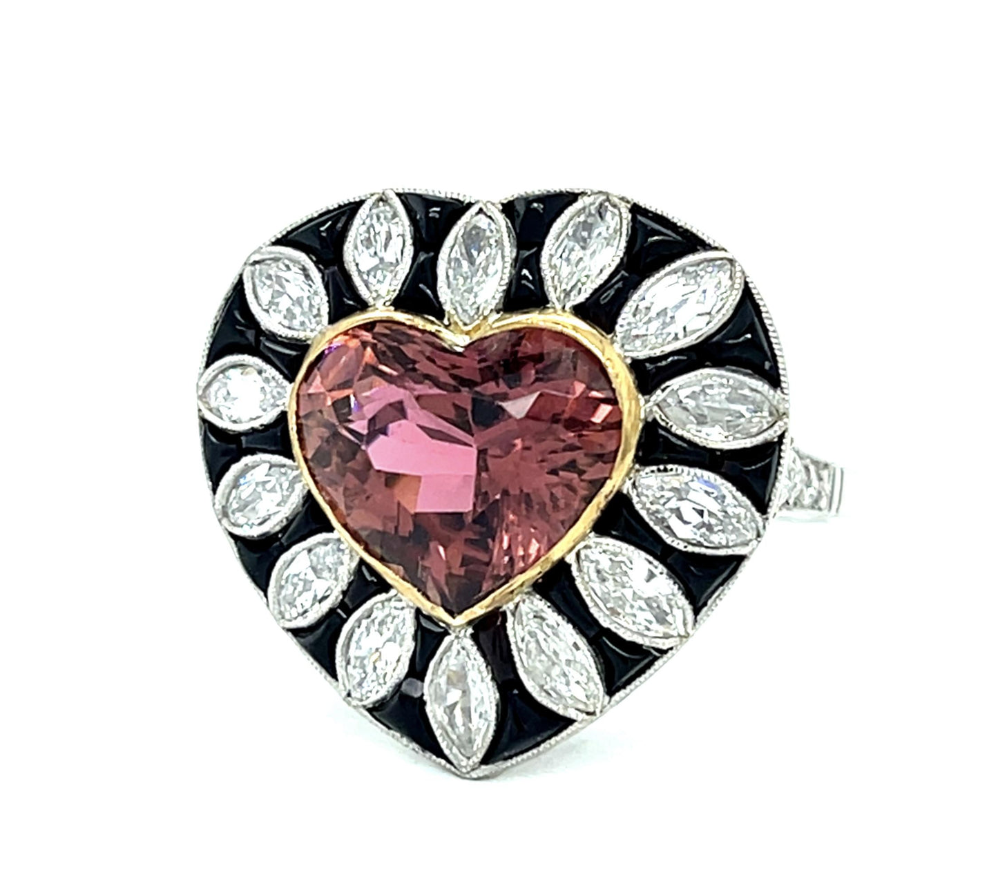 5.92ct Pink Heart Tourmaline Platinum Handmade Ring 1.29ct Marquise Diamond