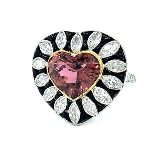 5.92ct Pink Heart Tourmaline Platinum Handmade Ring 1.29ct Marquise Diamond