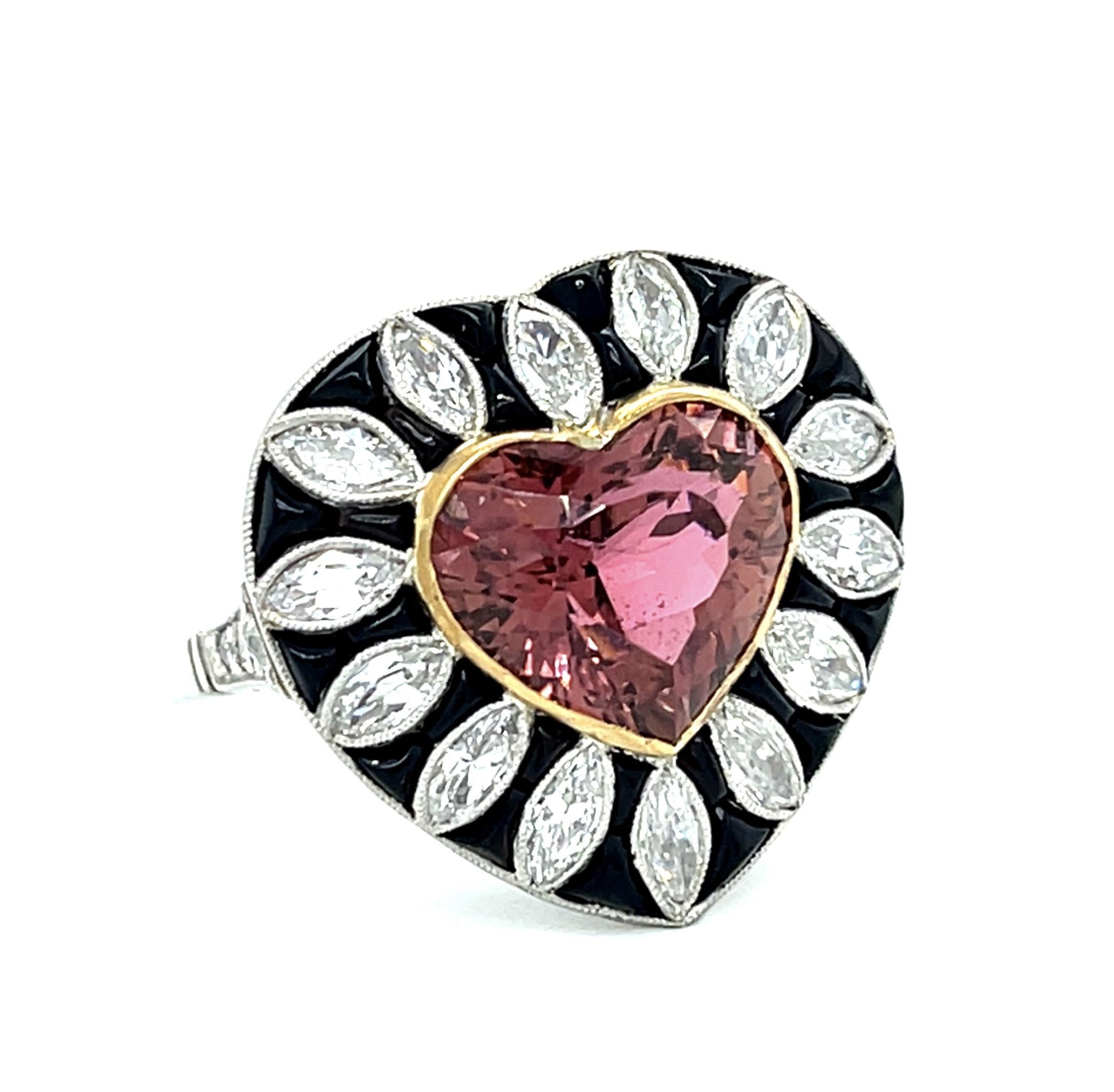 5.92ct Pink Heart Tourmaline Platinum Handmade Ring 1.29ct Marquise Diamond