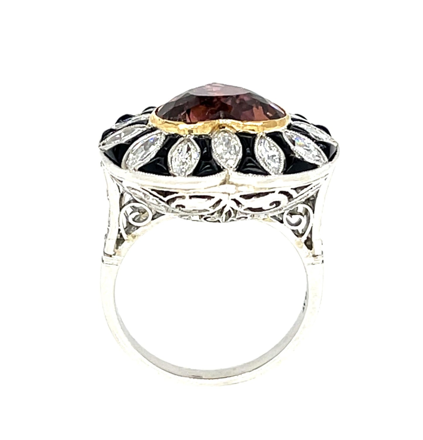 5.92ct Pink Heart Tourmaline Platinum Handmade Ring 1.29ct Marquise Diamond