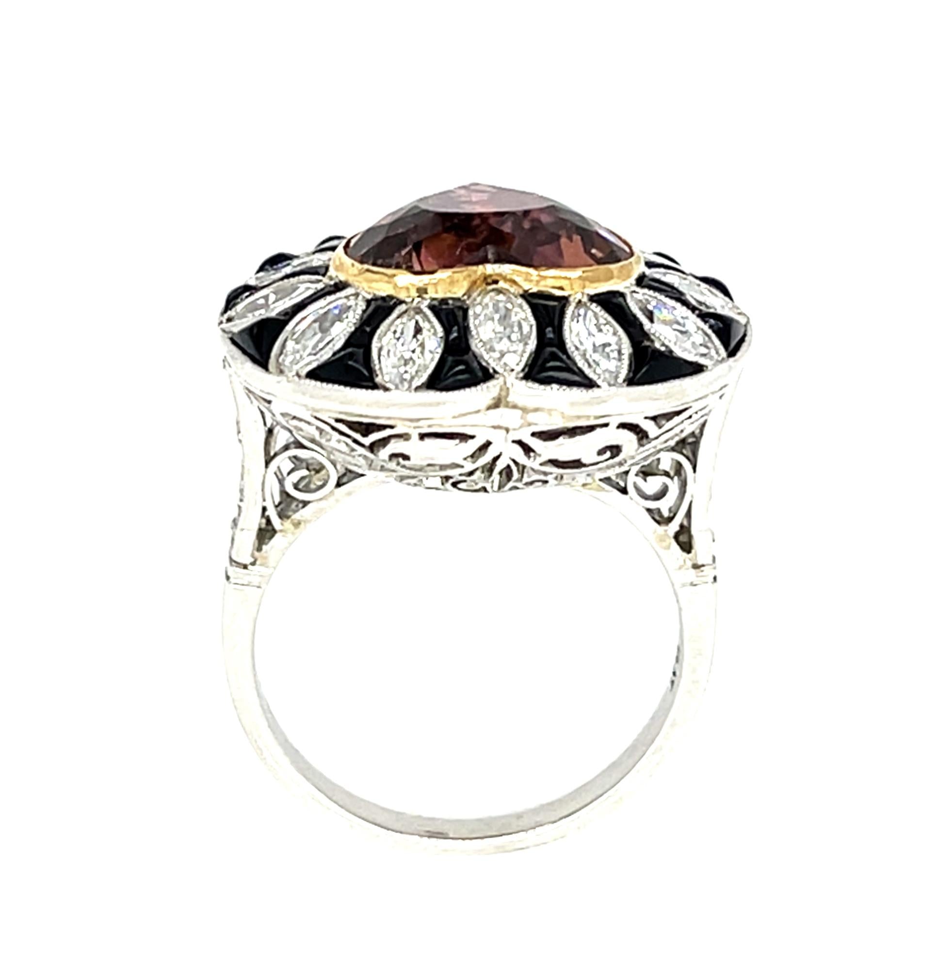 5.92ct Pink Heart Tourmaline Platinum Handmade Ring 1.29ct Marquise Diamond