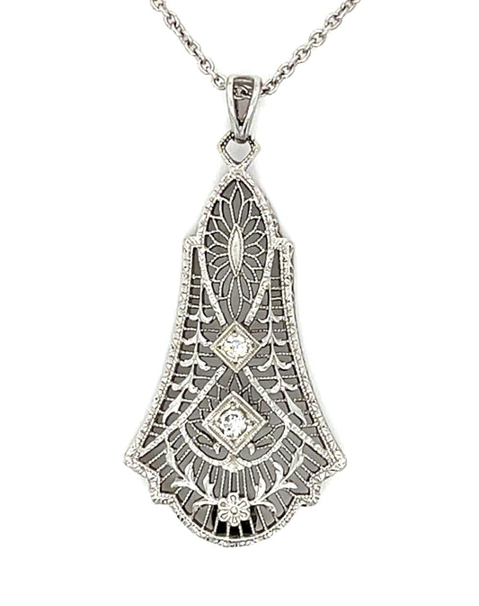 Art Deco .08ct Diamond 14KW Gold Pendant 3.10g 16" Silver Chain
