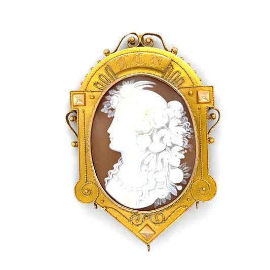 Victorian Carved Cameo Bacchante 14KY Gold Brooch Pendant (Antique 1860s) 22.30g