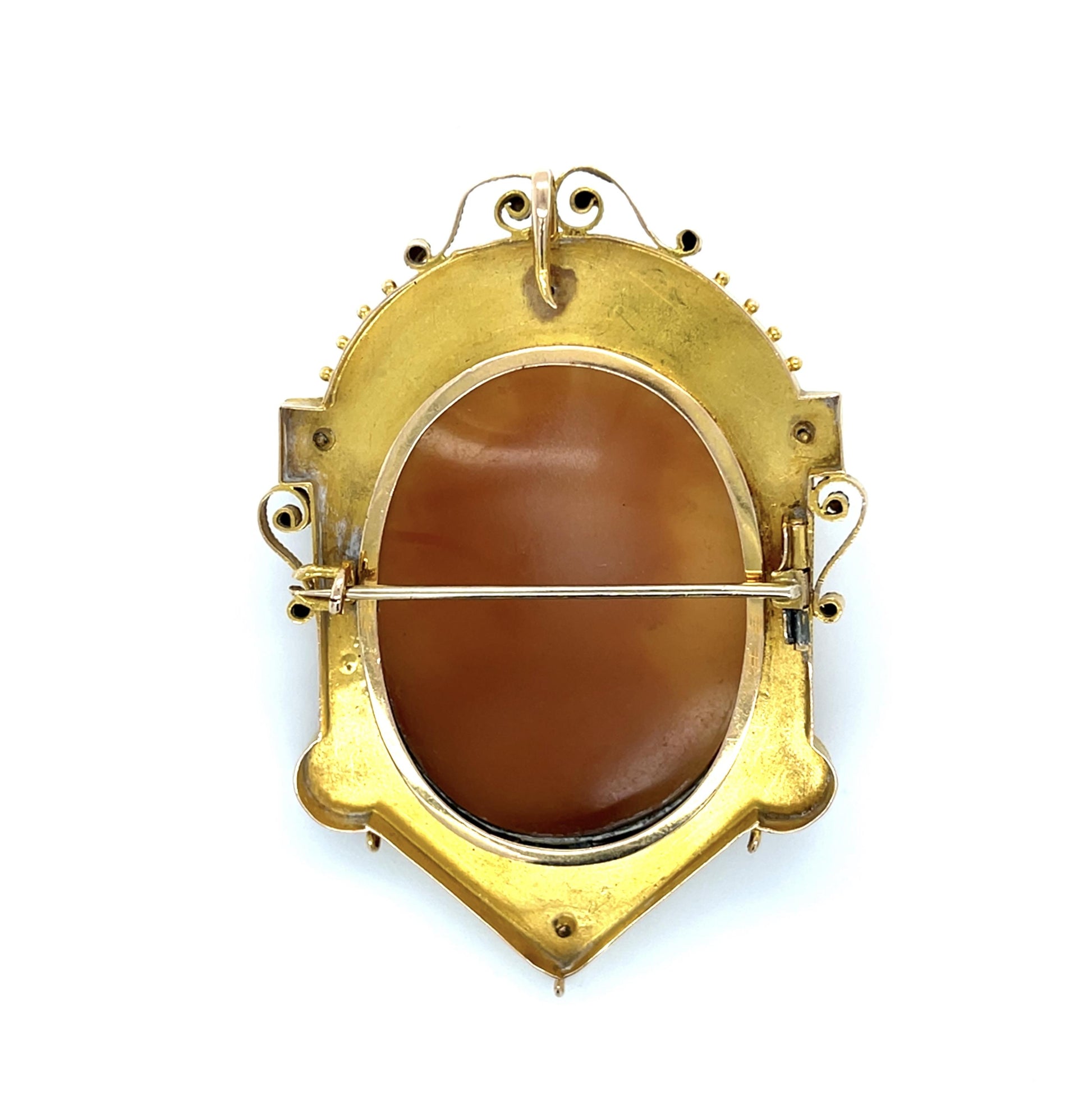 Victorian Carved Cameo Bacchante 14KY Gold Brooch Pendant (Antique 1860s) 22.30g