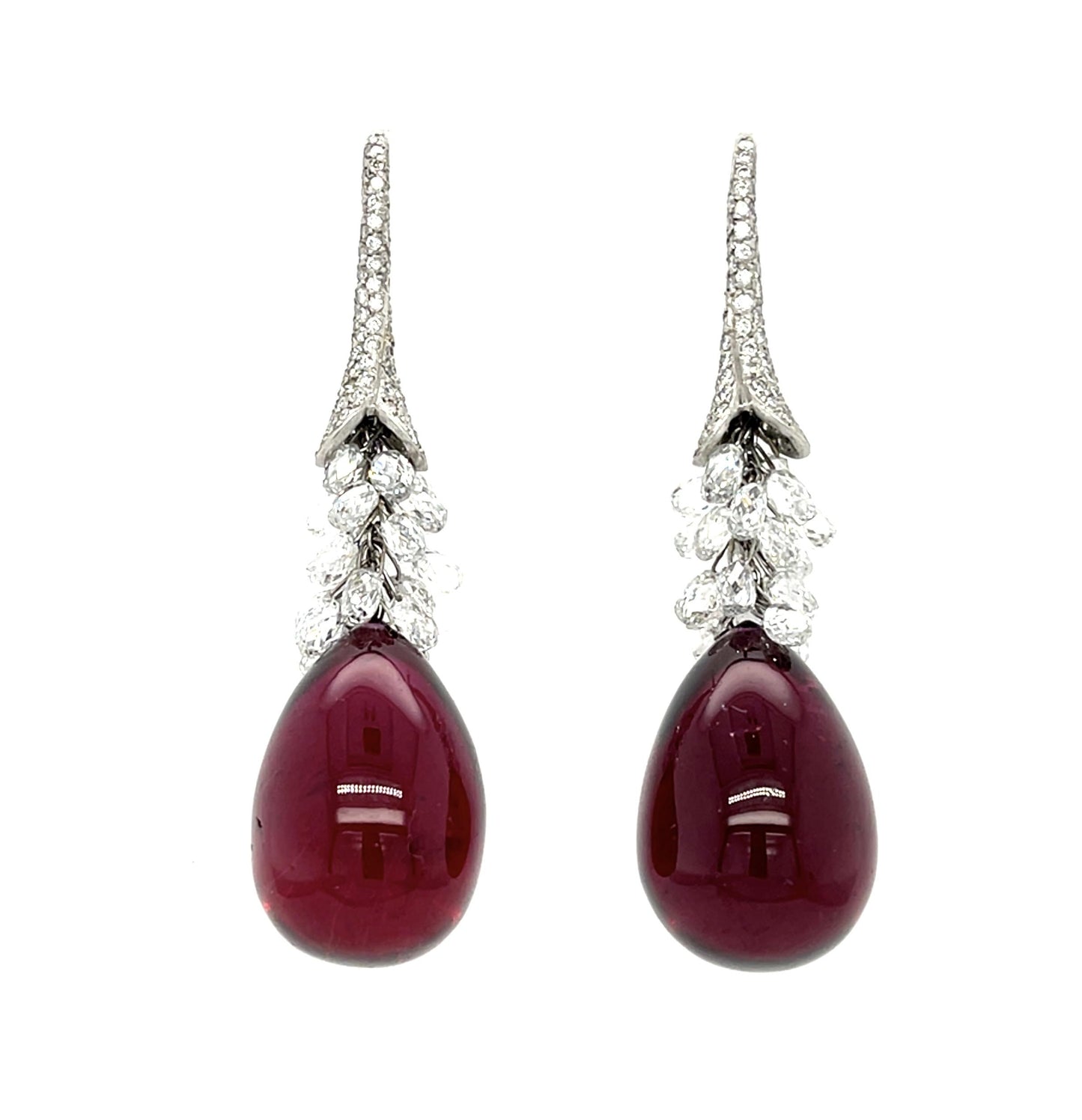 40ct Cabochon Rubellite Tourmaline Platinum Drop Earrings 9ct Briolette Diamond