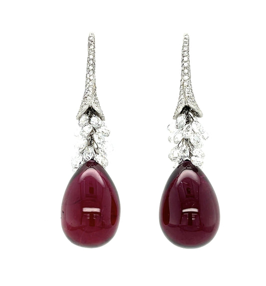 40ct Cabochon Rubellite Tourmaline Platinum Drop Earrings 9ct Briolette Diamond