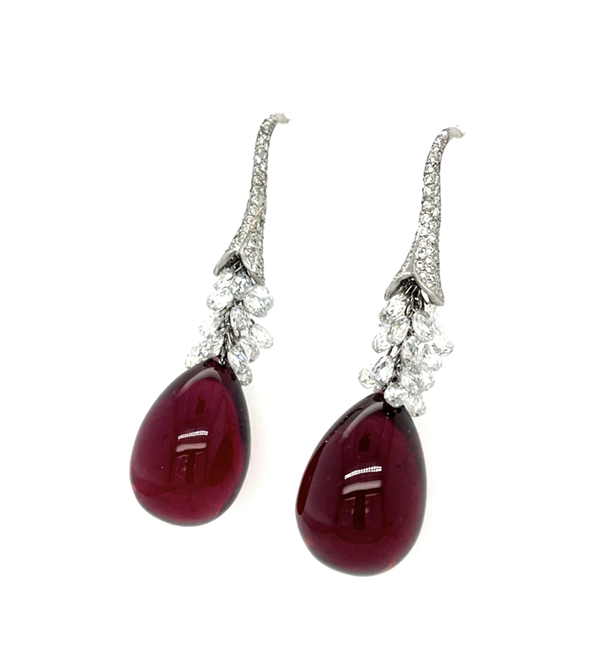 40ct Cabochon Rubellite Tourmaline Platinum Drop Earrings 9ct Briolette Diamond