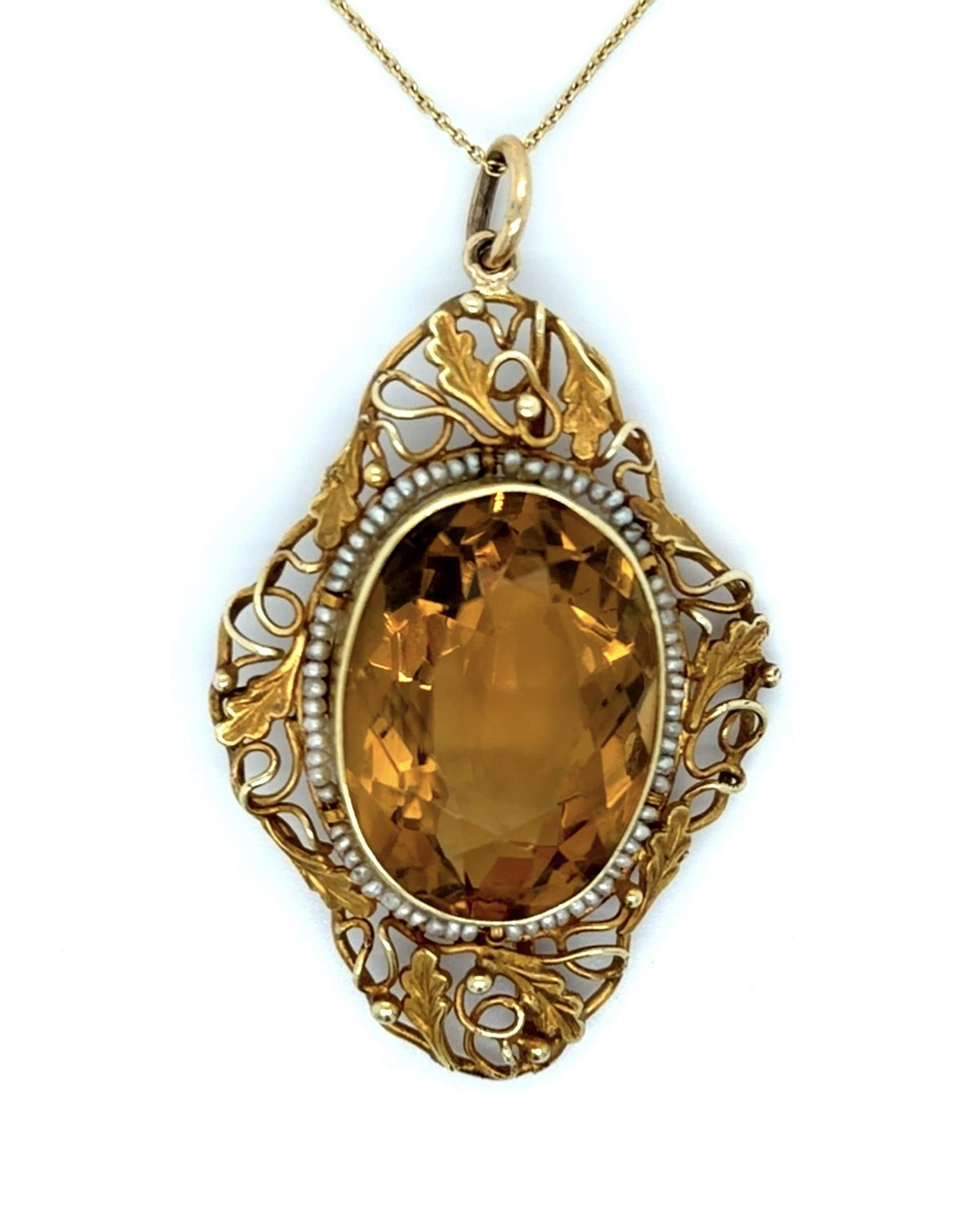 Arts & Crafts 14K Citrine & Pearl Pendant (Antique 1900s) 11.7gr 35.00ct(ci)