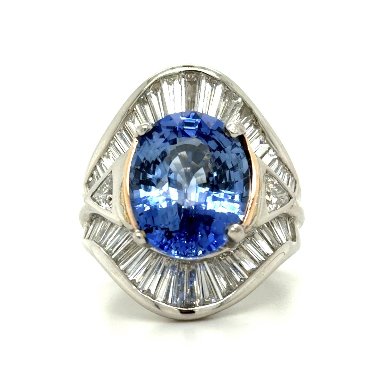 10.01ct Oval Heated Sapphire 4.50ct Baguette + Trillion Diamond Platinum Ring