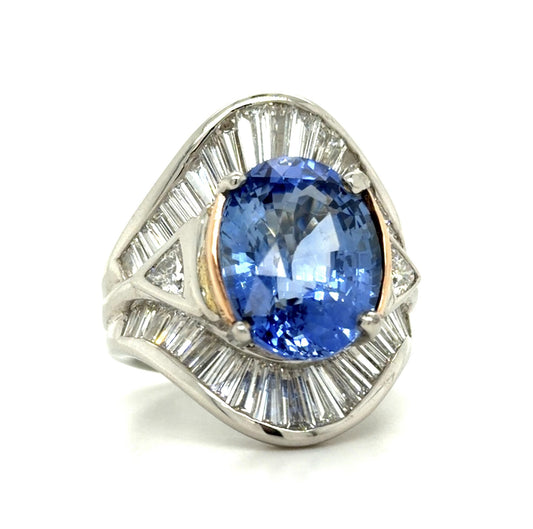 10.01ct Oval Heated Sapphire 4.50ct Baguette + Trillion Diamond Platinum Ring