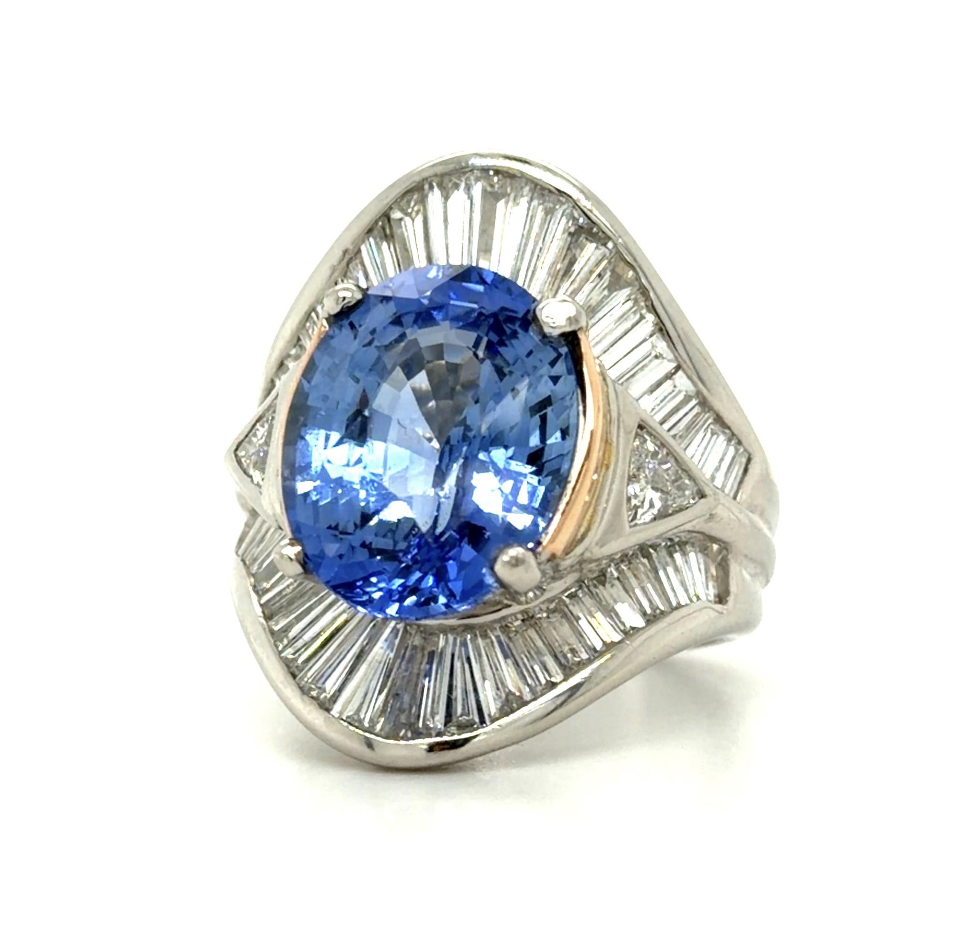 10.01ct Oval Heated Sapphire 4.50ct Baguette + Trillion Diamond Platinum Ring